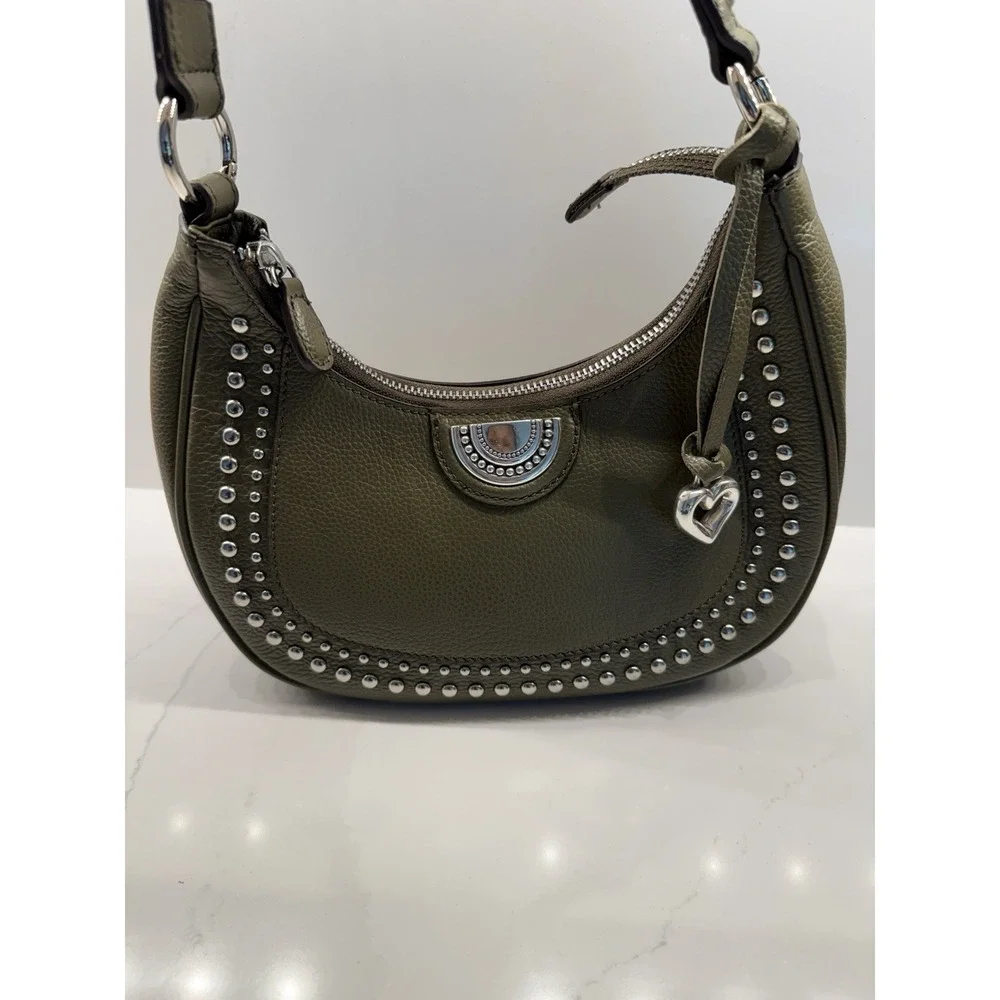 Brighton H4391V Jem Olive Green Studded Leather Shoulder Bag Purse Hobo Dust Bag